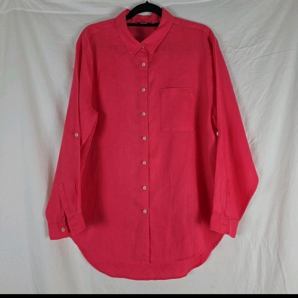 Lands End 100% Linen Roll Tab Long Sleeve Button Up Coral Pink Womens Large